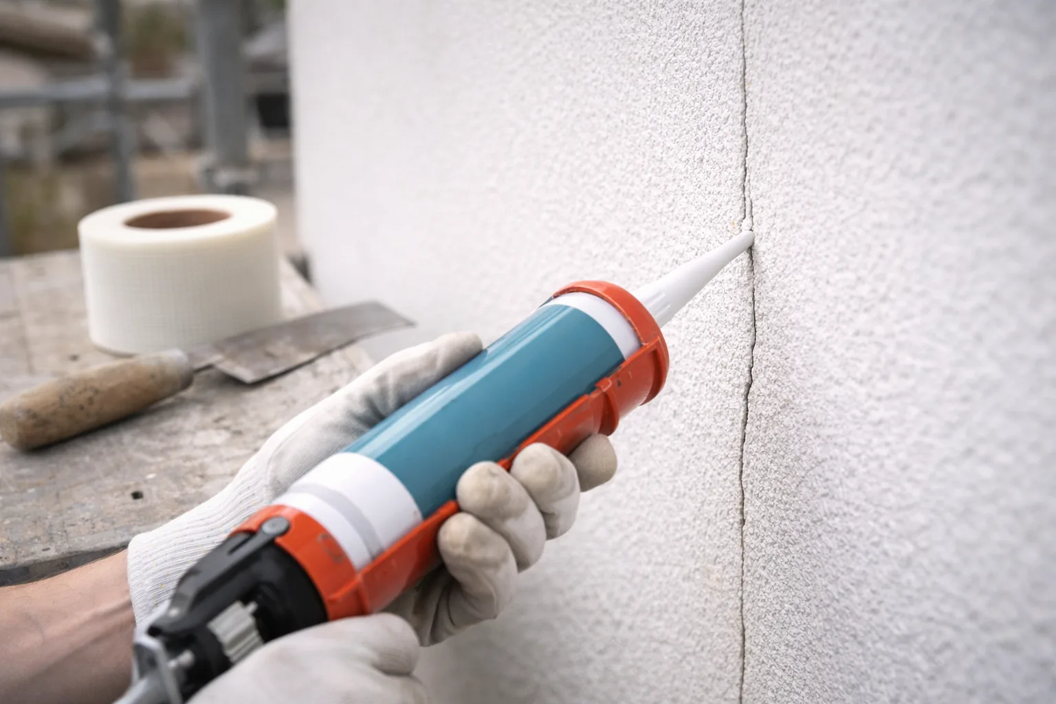 Artisan appliquant du mastic acrylique dans une fissure de facade