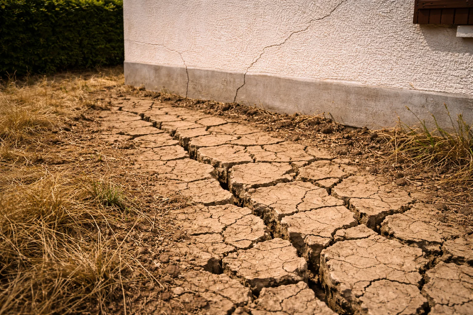 Sol argileux craquele par la secheresse au pied d'une fondation de maison